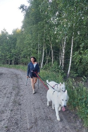 Um die Schmerzen zu reduzieren geht Marianne täglich zum Nordic Walking. Hier auf dem Foto mit den zwei weißen Schäferhunden, mit Bauchgurt angeleint, durch den Wald.