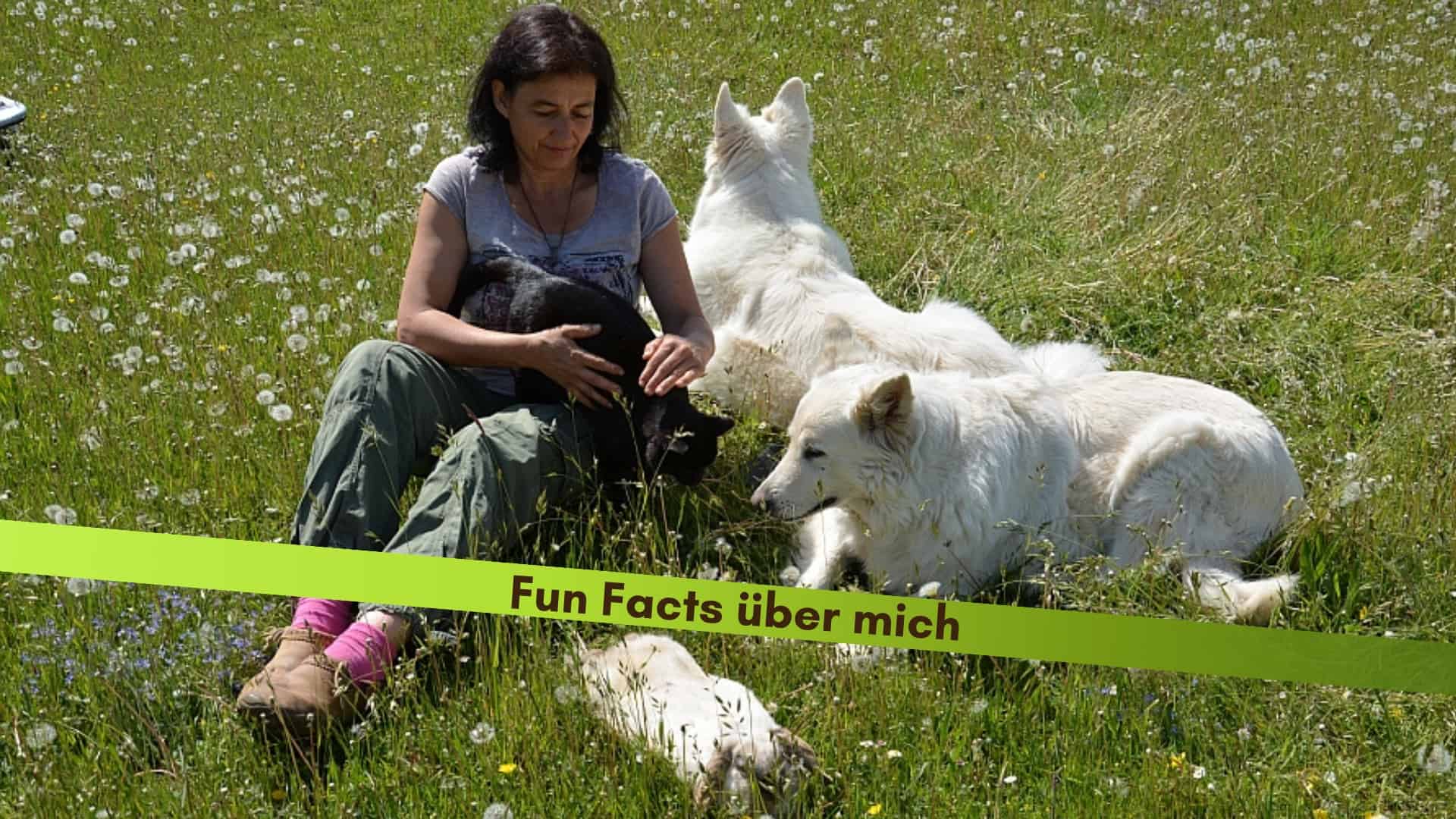 Marianne sitzt auf der Wiese mit schwarzer Katze auf dem Schoss, vor ihr liegt ein weißes Kaninchen und neben ihr die beide weissen Hunde