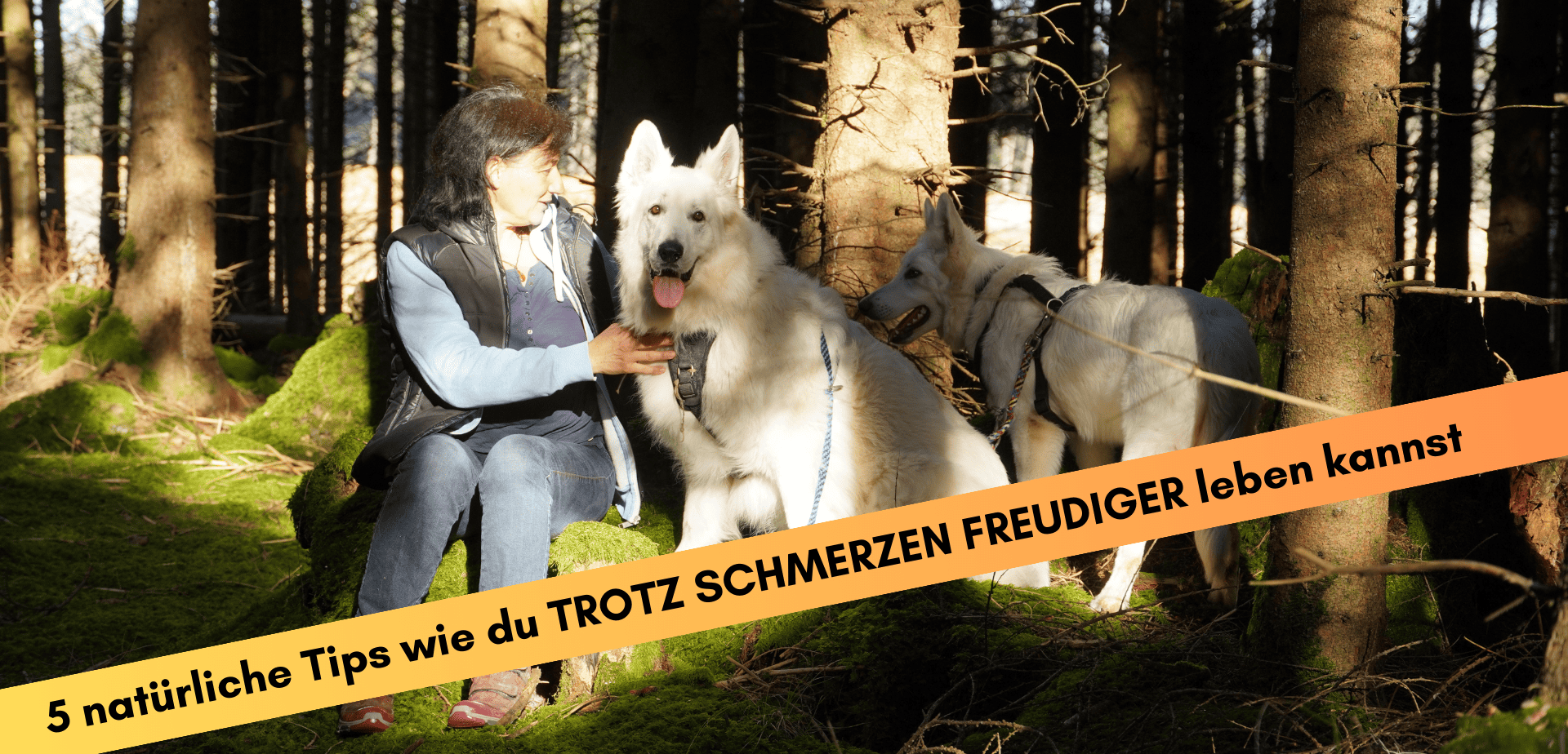 Marianne mit 2 weissen Schäferhunden in einer Lichtung im Wald