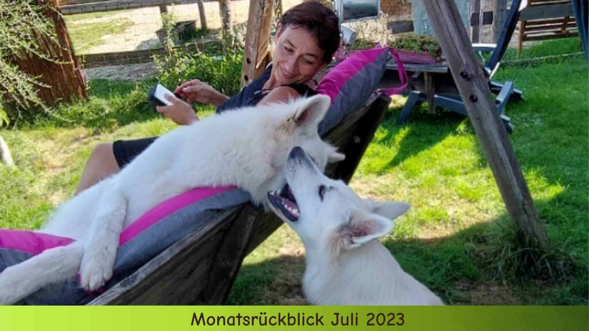 Marianne mit den Hunden auf der Hängeschaukel im Garten