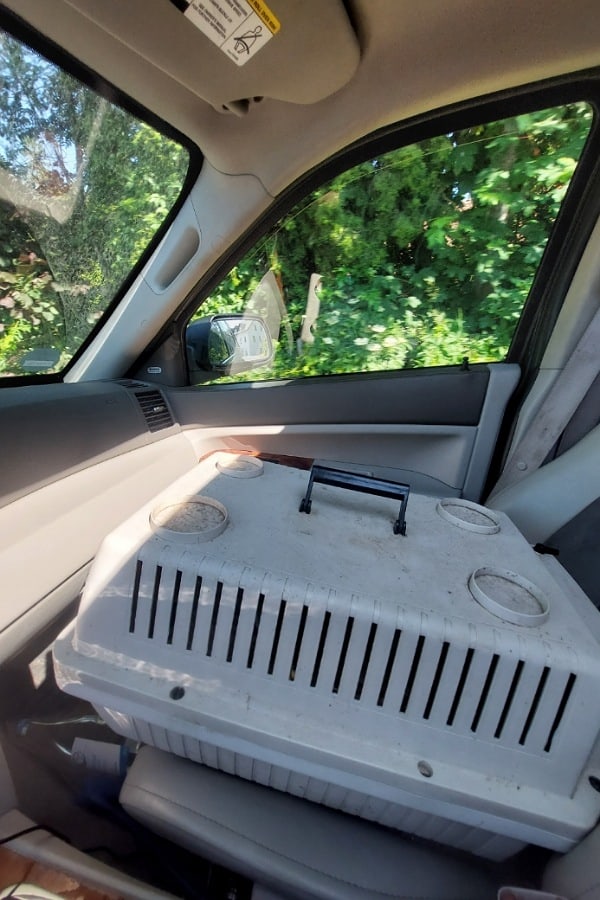 Meerschweinchenkäfig auf dem Beifahrersitz vom Hof-Jeep