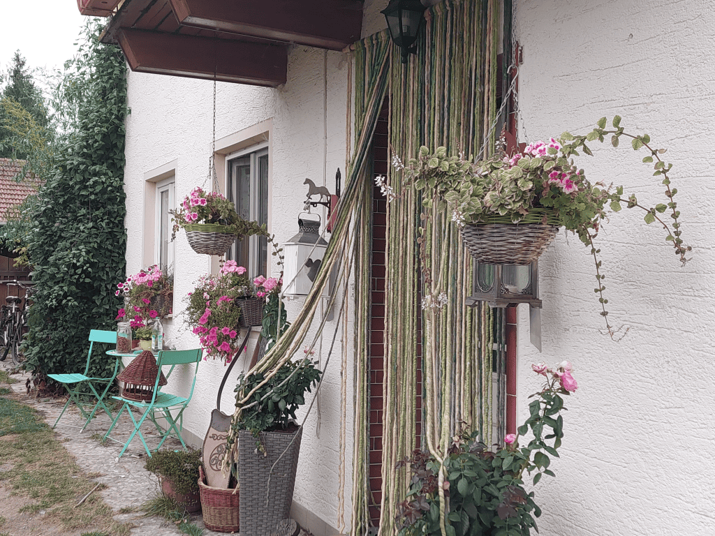 Geranien, Weihrauch und Petunien alles in Pink vor dem Haus