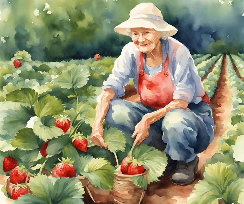 Frieda bei der Erdbeerernte
