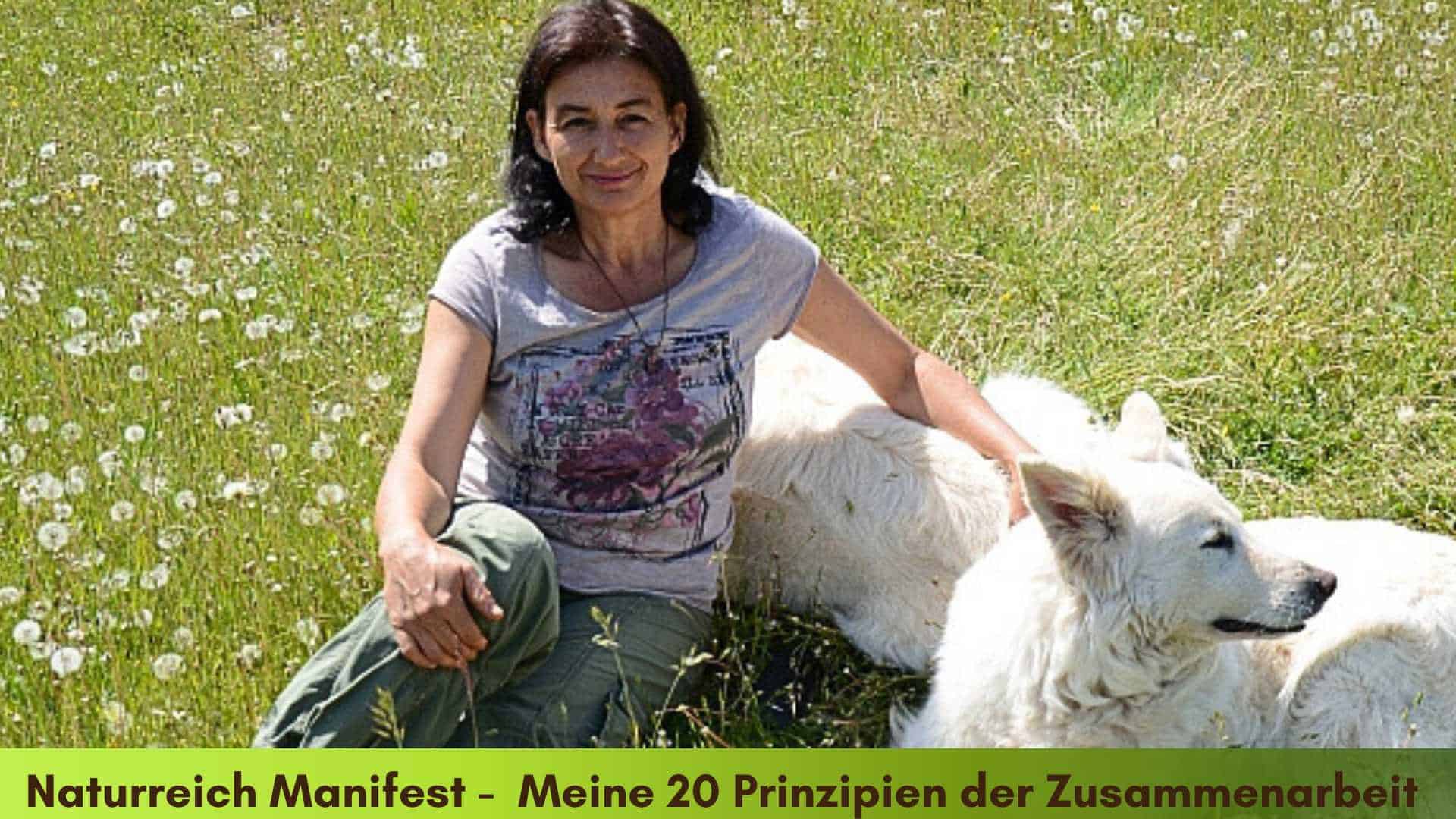 Marianne auf der Koppel im Gras sitzend mit den Hunden und dem Kater