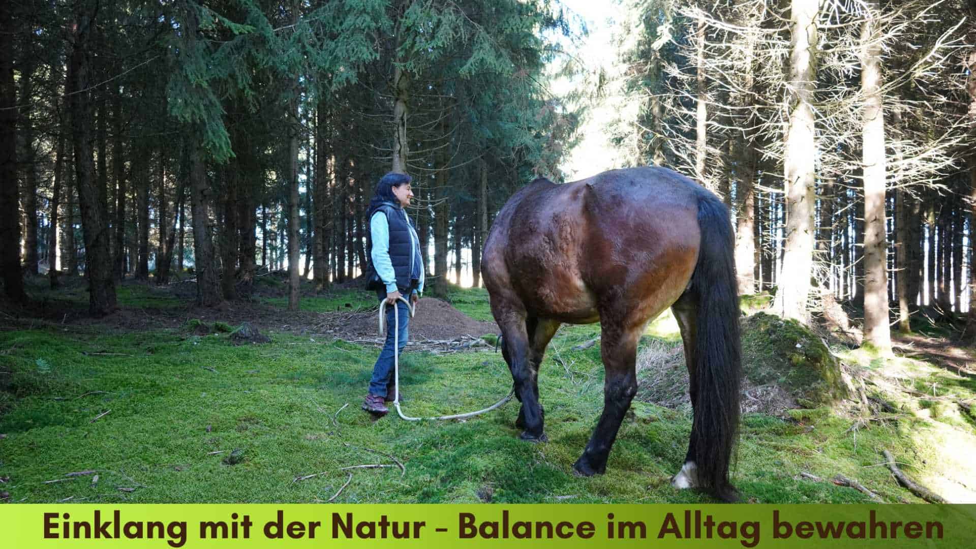 Marianne mitten im Wald gemeinsam mit einem ihrer Pferde