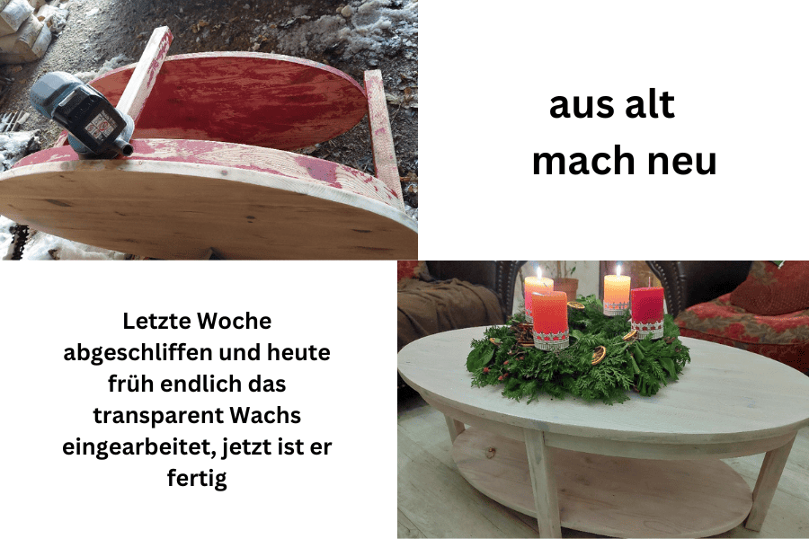 Ein alter roter Holztisch wird abgeschliffen. Ein vorher-nachher-Bild. Der Tisch ist danach weiß lasiert, steht im Wohnzimmer mit Adventskranz drauf