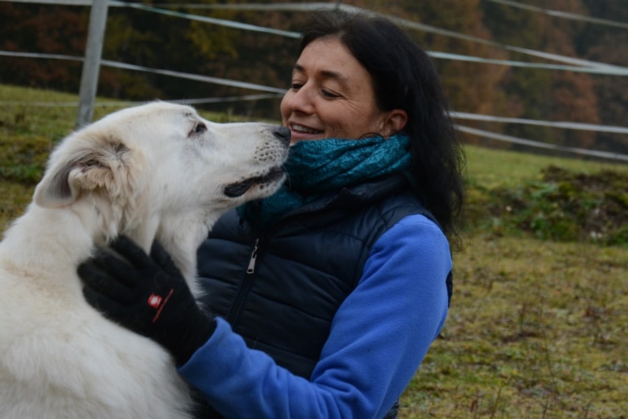 Der Hund schmust mit Marianne