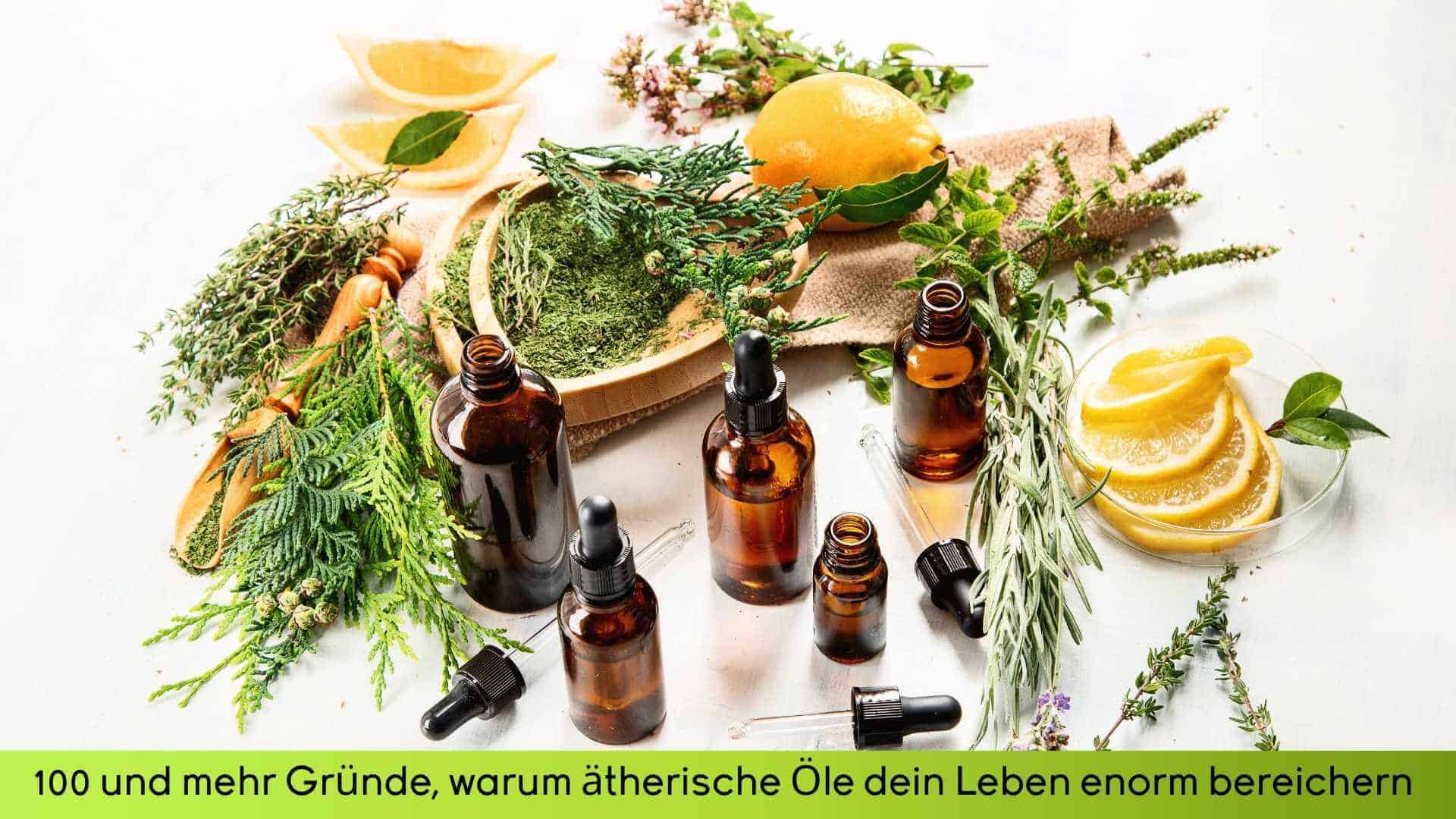 verschiedene Pflanzen und Früchte und einige Braunglasflaschen für die ätherischen Öle.
