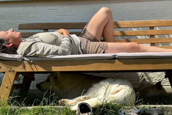 Funktionieren geht nicht immer. Marianne pausiert auf der Gartenliege und unter ihr liegt ein Schäferhund und Huhn Maggy